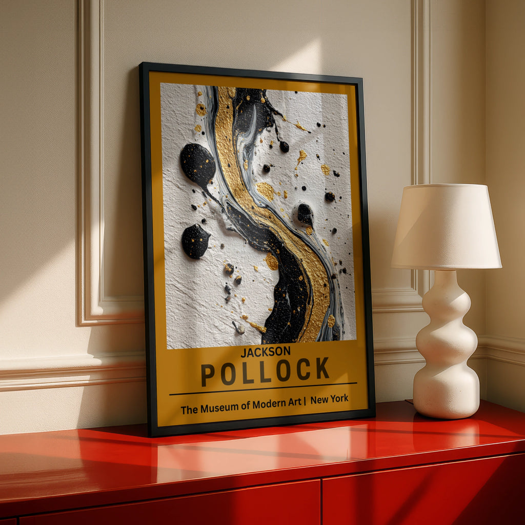 Jackson Pollock Abstract Art Poster, Black Gold Drip Print, MoMA Wall Art