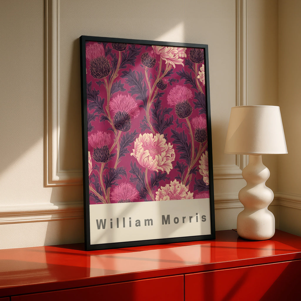 William Morris Raspberry Floral Poster, Botanical Wall Art, Pink Thistle Print, Arts and Crafts