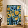 Kids Tulip Garden Poster, Cute Floral Wall Art, Yellow Blue Nursery Print, Flower