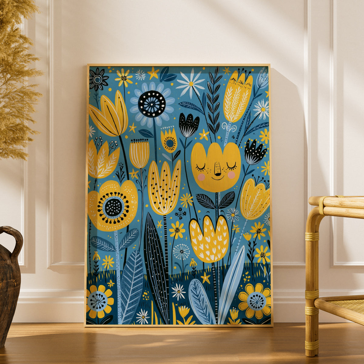 Kids Tulip Garden Poster, Cute Floral Wall Art, Yellow Blue Nursery Print, Flower