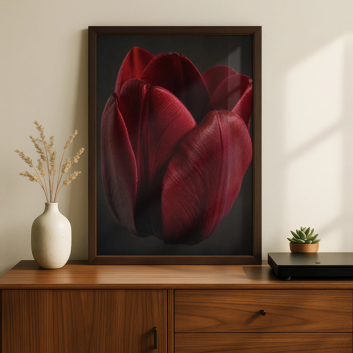 Red Tulip Flower Poster, Dark Moody Botanical Wall Art, Crimson Floral Print for Living Room