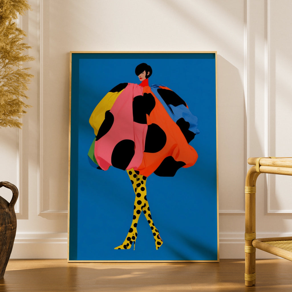 Polka Dot Fashion Illustration Poster, Bold Blue Wall Art, Colourful Figure Print