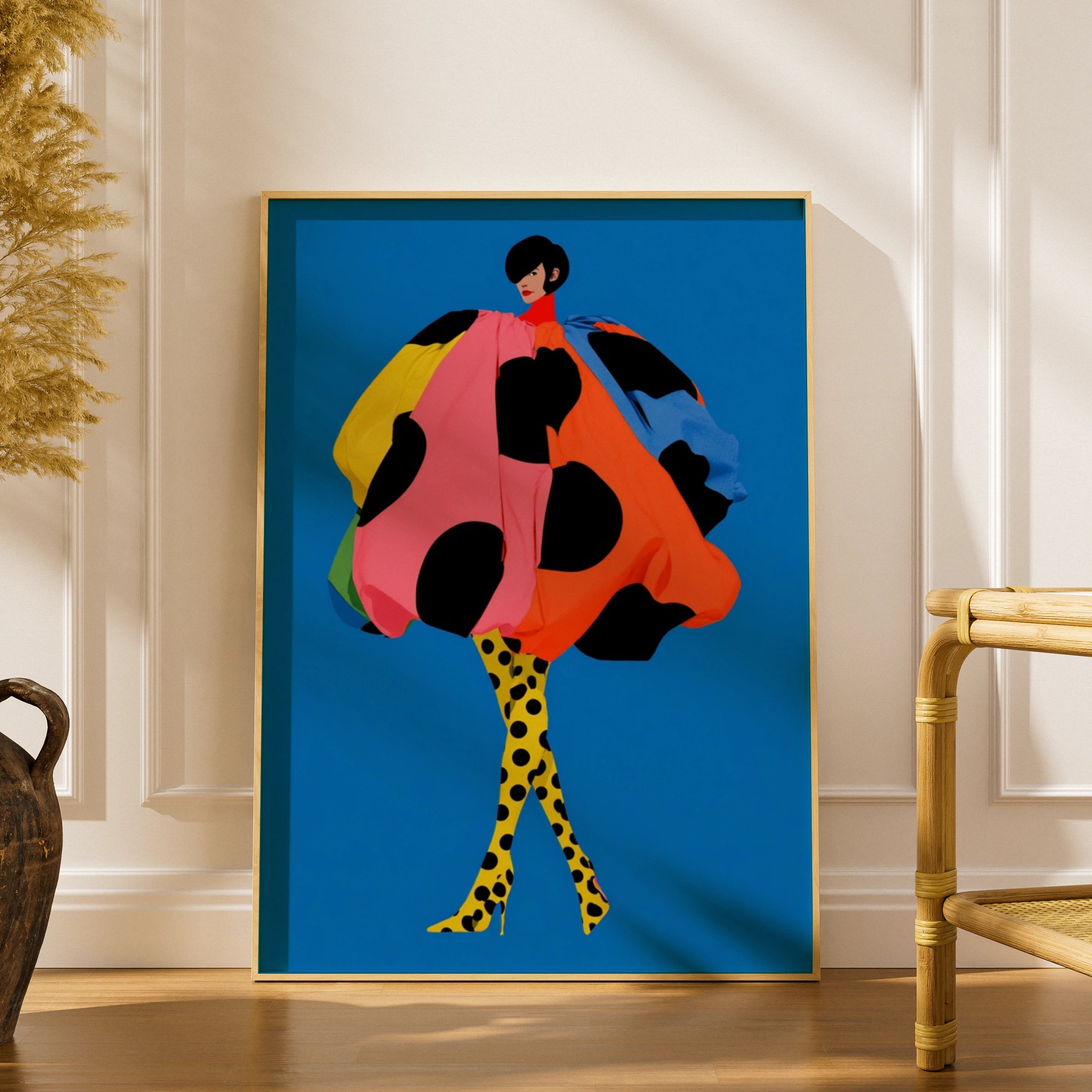 Polka Dot Fashion Illustration Poster, Bold Blue Wall Art, Colourful Figure Print