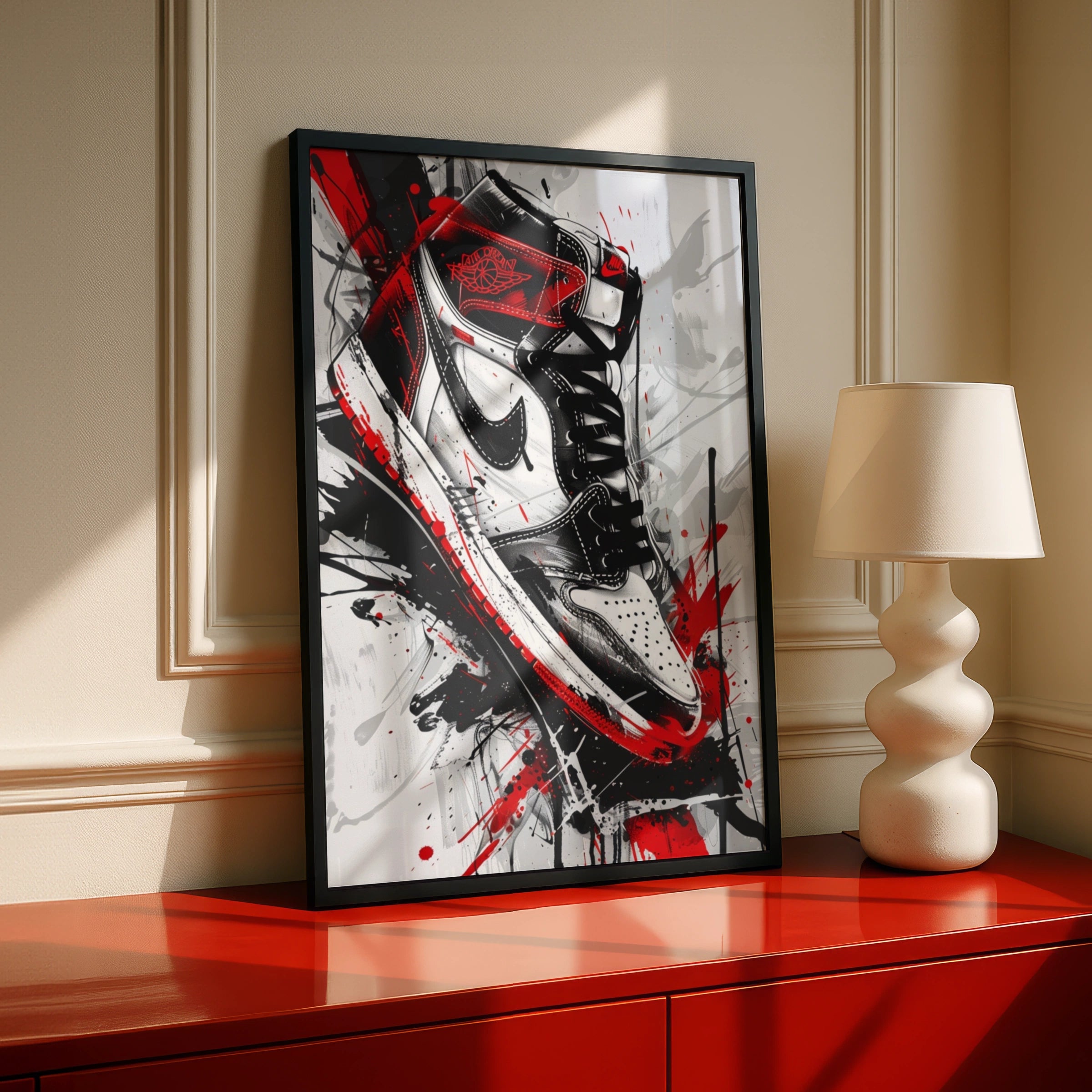 Sneaker Graffiti Art Print, Jordan 1 Poster, Red Black White Wall Art, Hype