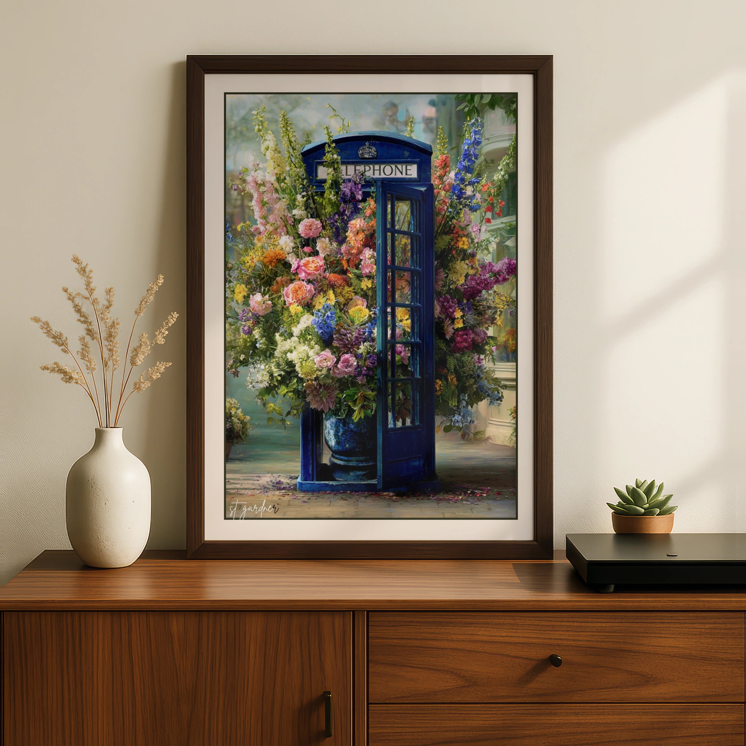 Blue British Phone Box Floral Poster, London Telephone Box Wall Art Print