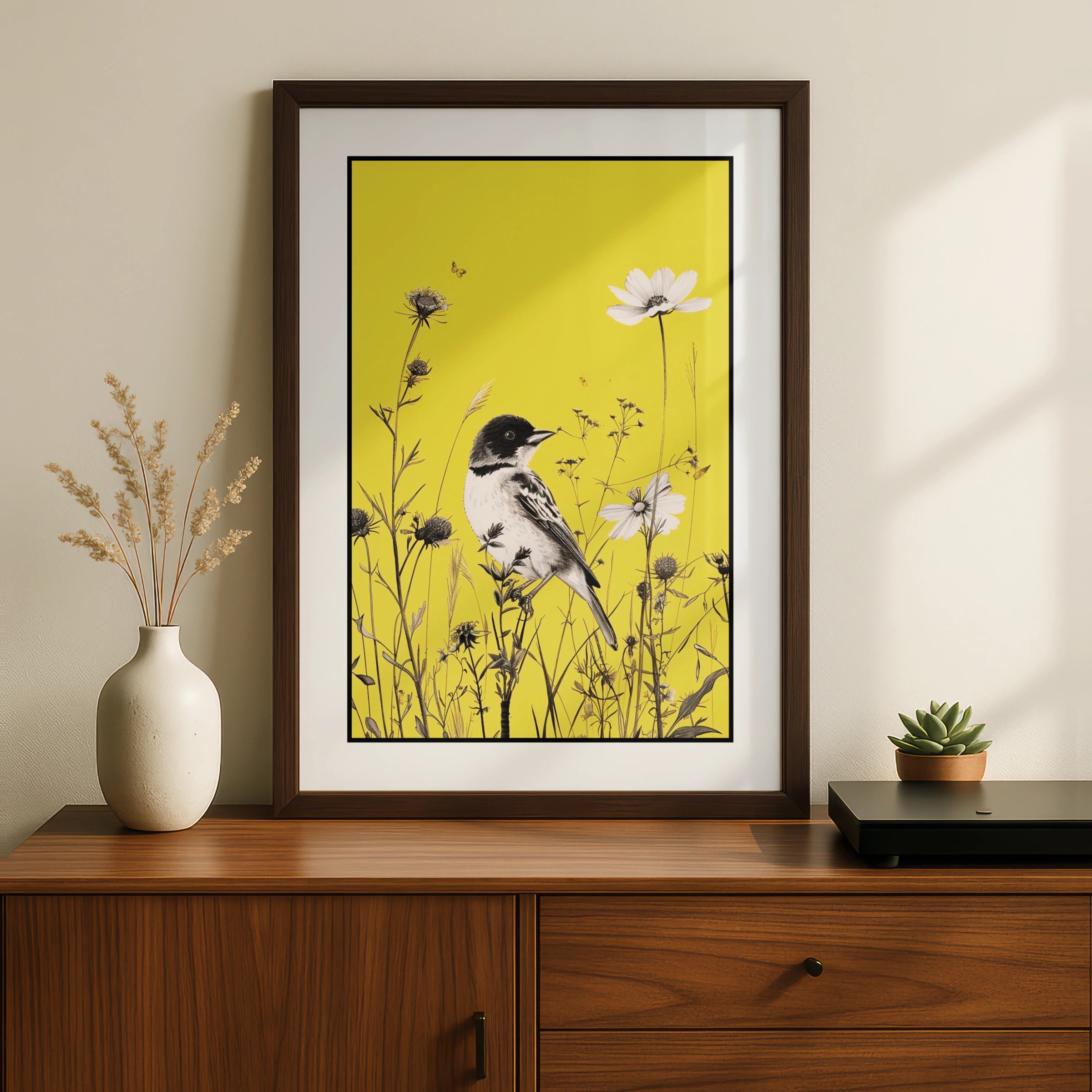 Botanical Wall Art | Yellow Bird Wildflower Poster, Nature Print