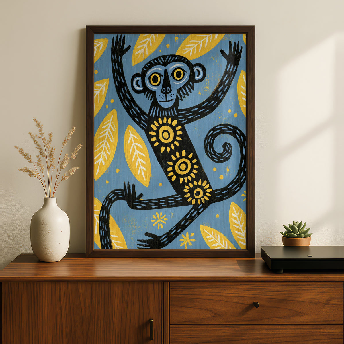 Monkey Kids Wall Art, Folk Art Animal Poster, Blue Yellow Jungle Print, Children's Room Decor