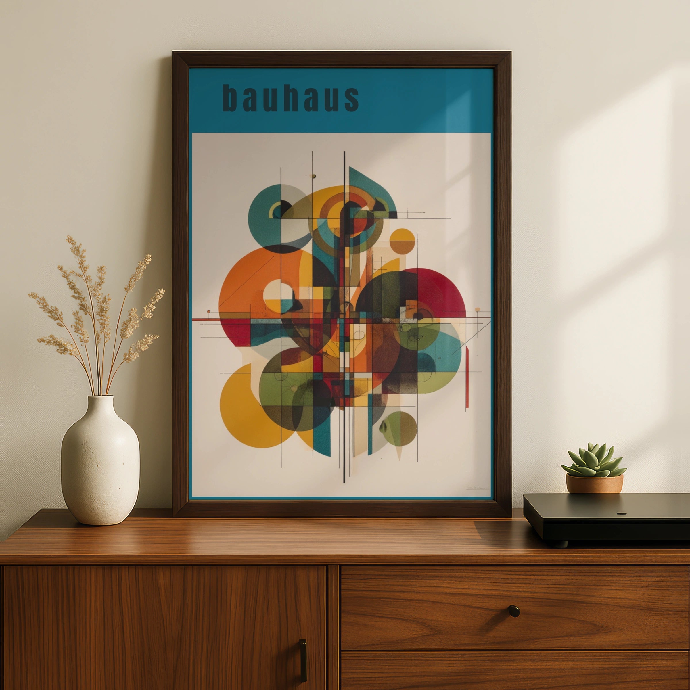Bauhaus Geometric Art Print, Teal Abstract Poster, Mid Century Modern Wall Art