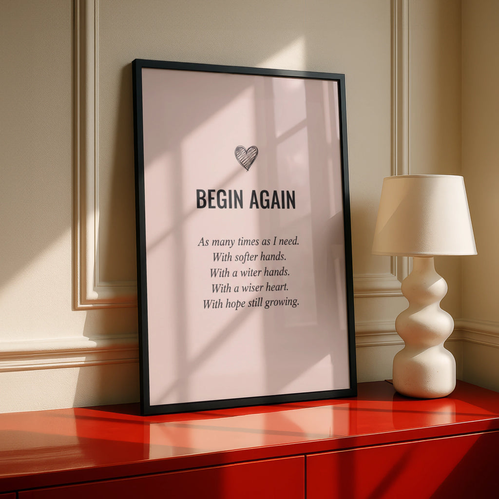 Begin Again Inspirational Quote Poster, Blush Pink Motivational Wall Art Print