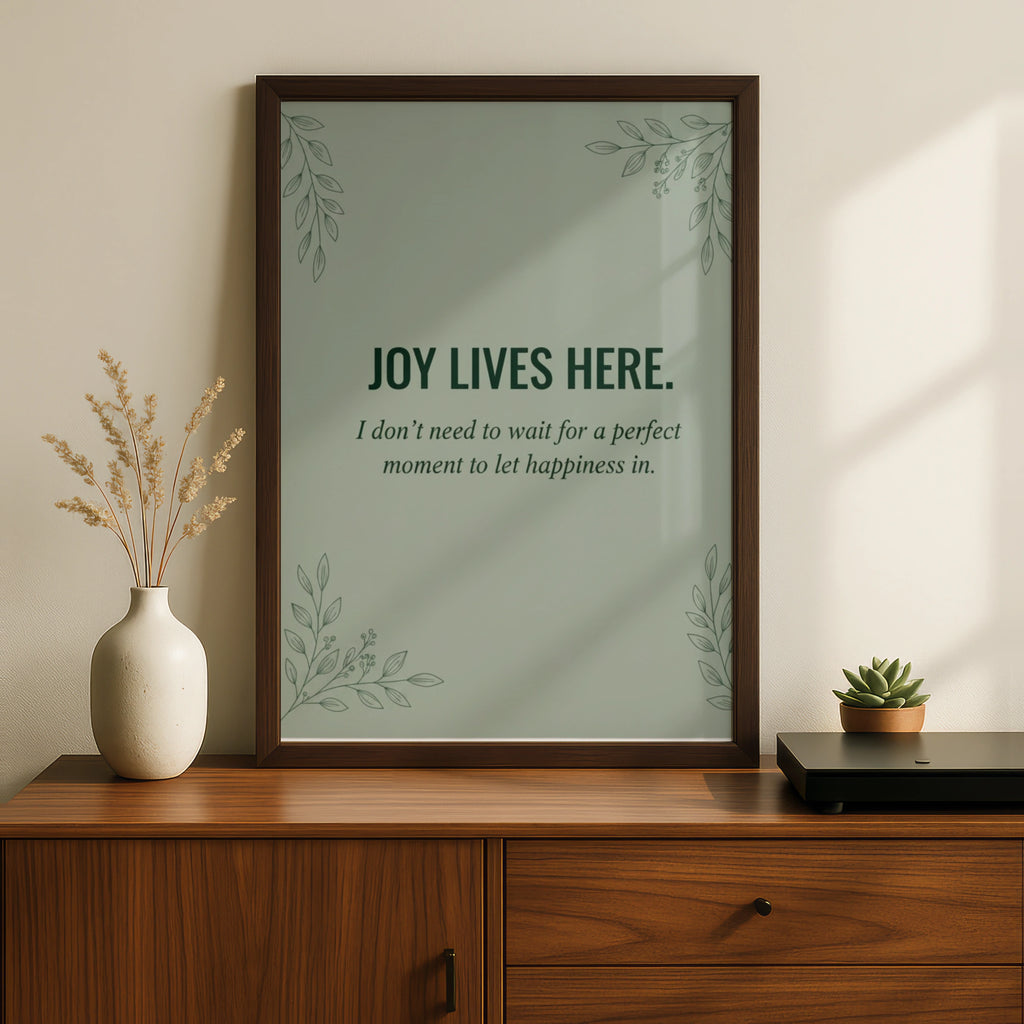 Joy Lives Here Poster, Sage Green Botanical Quote Print, Happiness Wall Art Gift