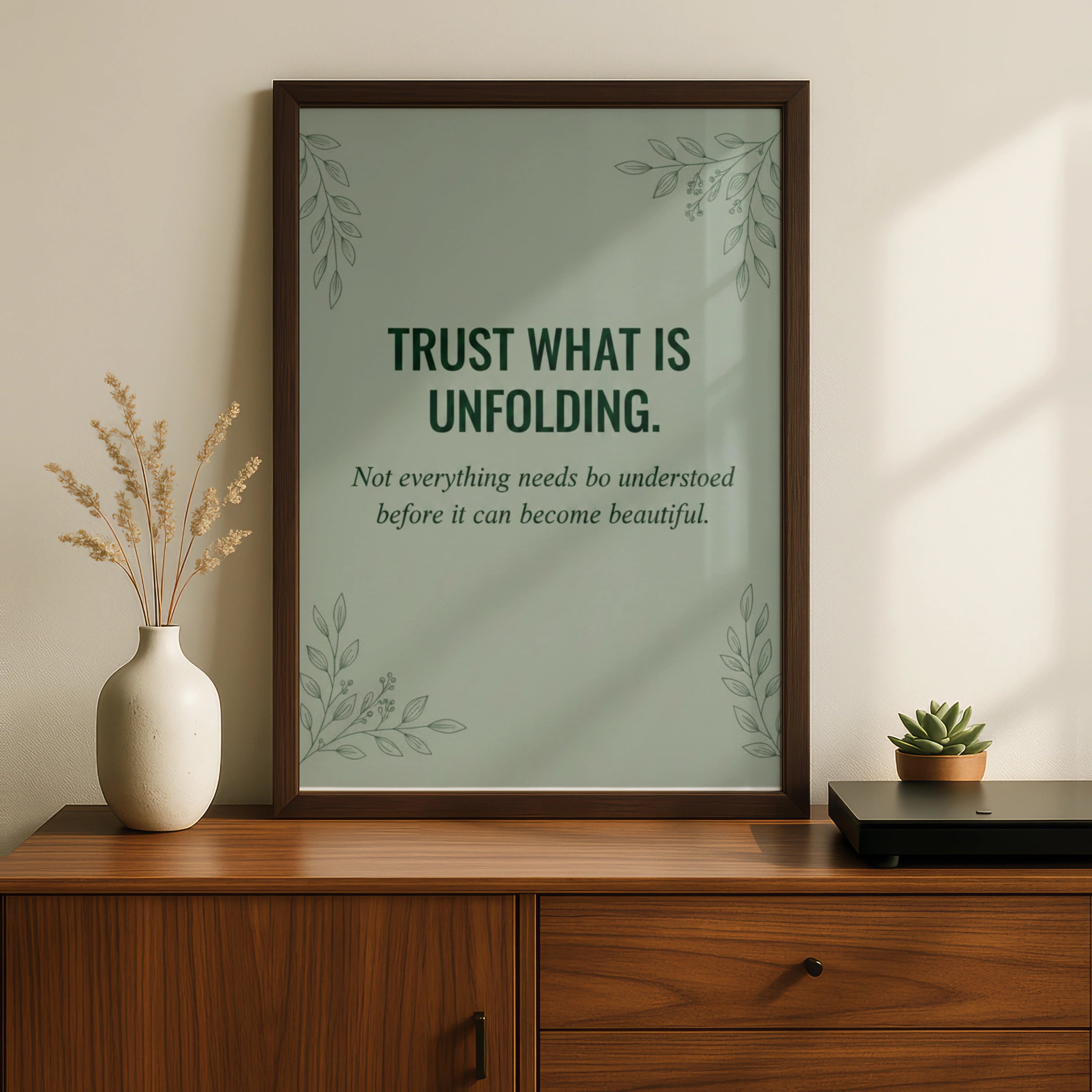Trust What Is Unfolding Poster, Sage Green Mindfulness Wall Art, Botanical Quote Print