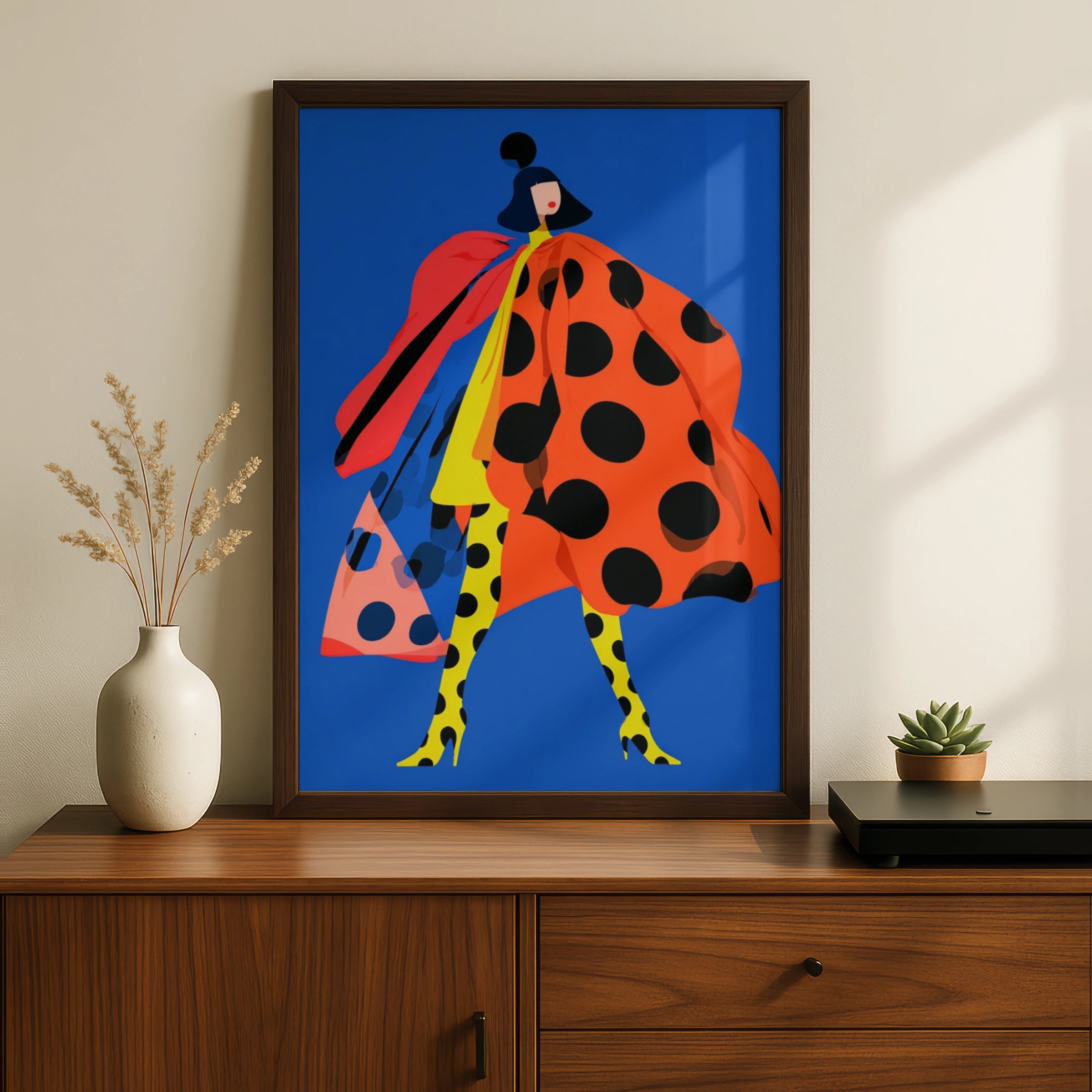 Polka Dot Fashion Poster, Bold Blue Wall Art, Colourful Woman Print, Maximalist Decor