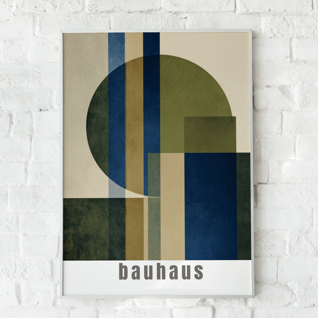 Bauhaus Geometric Poster, Navy Blue Olive Green Abstract Wall Art Print, Minimalist