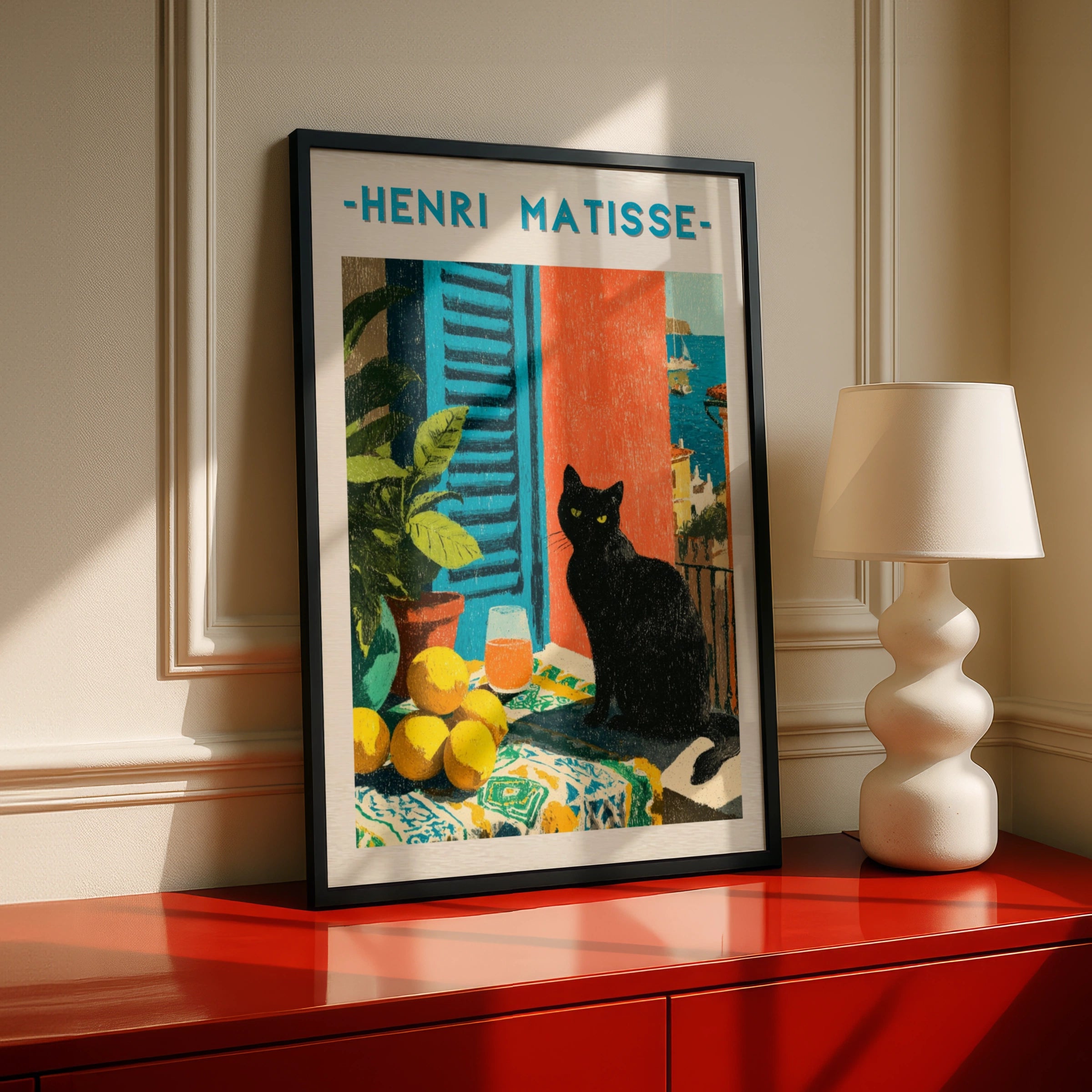 Black Cat Patio Poster, Matisse Style Wall Art, Mediterranean Print, Colourful