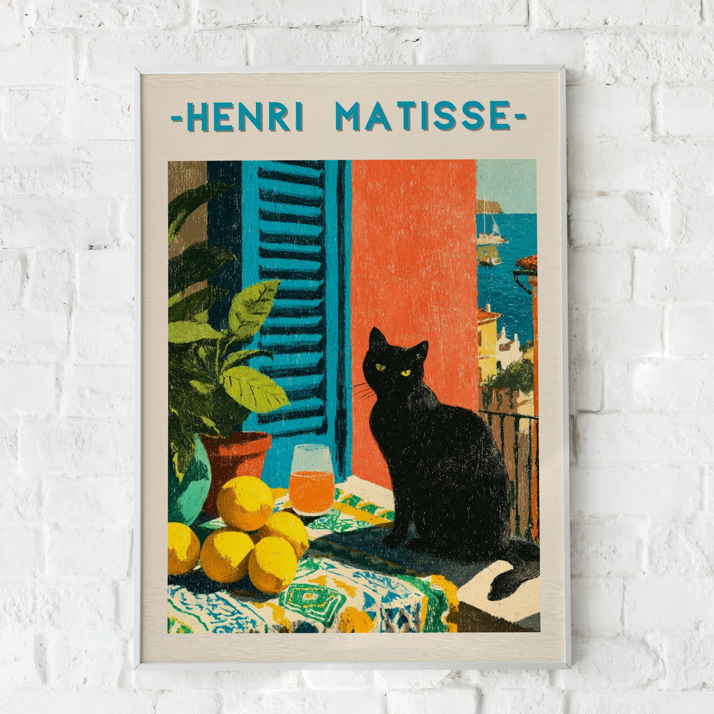 Black Cat Patio Poster, Matisse Style Wall Art, Mediterranean Print, Colourful