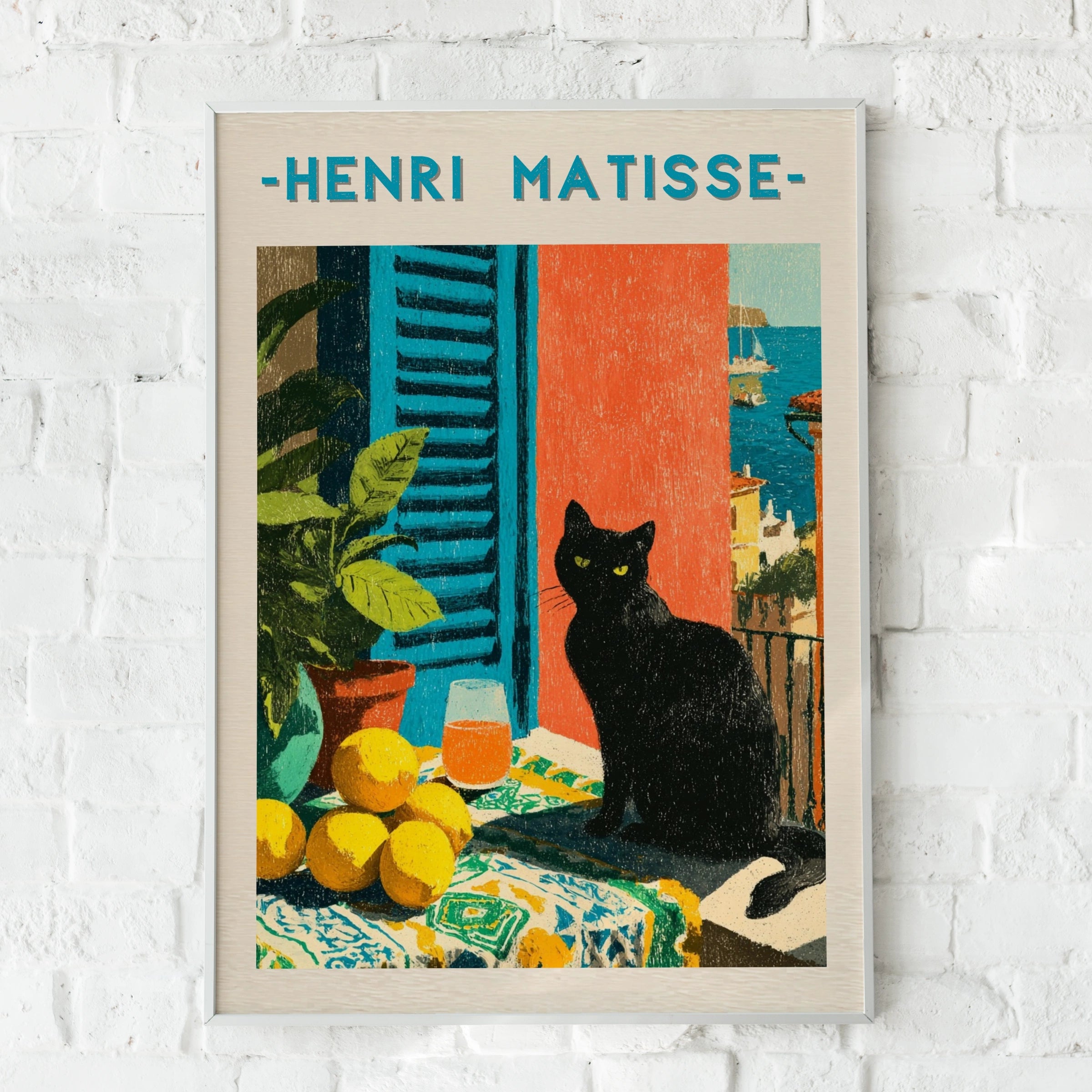 Black Cat Patio Poster, Matisse Style Wall Art, Mediterranean Print, Colourful