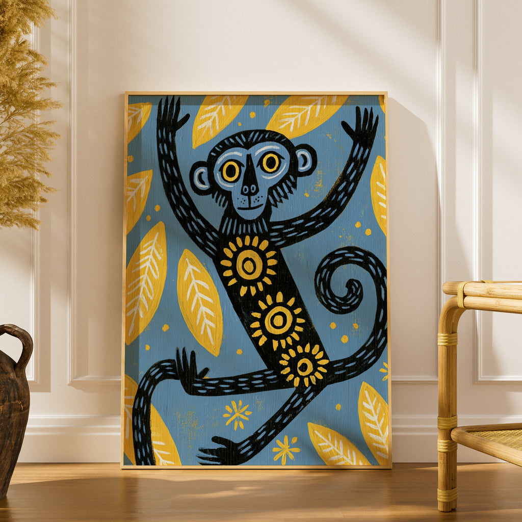Monkey Kids Wall Art, Folk Art Animal Poster, Blue Yellow Jungle Print, Children's Room Decor