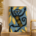 Monkey Kids Wall Art, Folk Art Animal Poster, Blue Yellow Jungle Print, Children's Room Decor