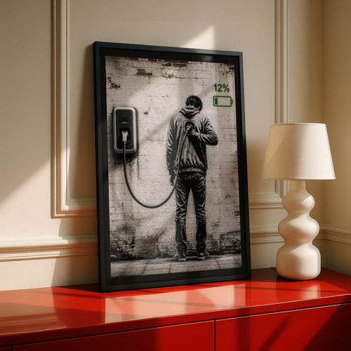 Banksy Style Recharge Graffiti Poster, Street Art Print, Battery Low Human Wall Art