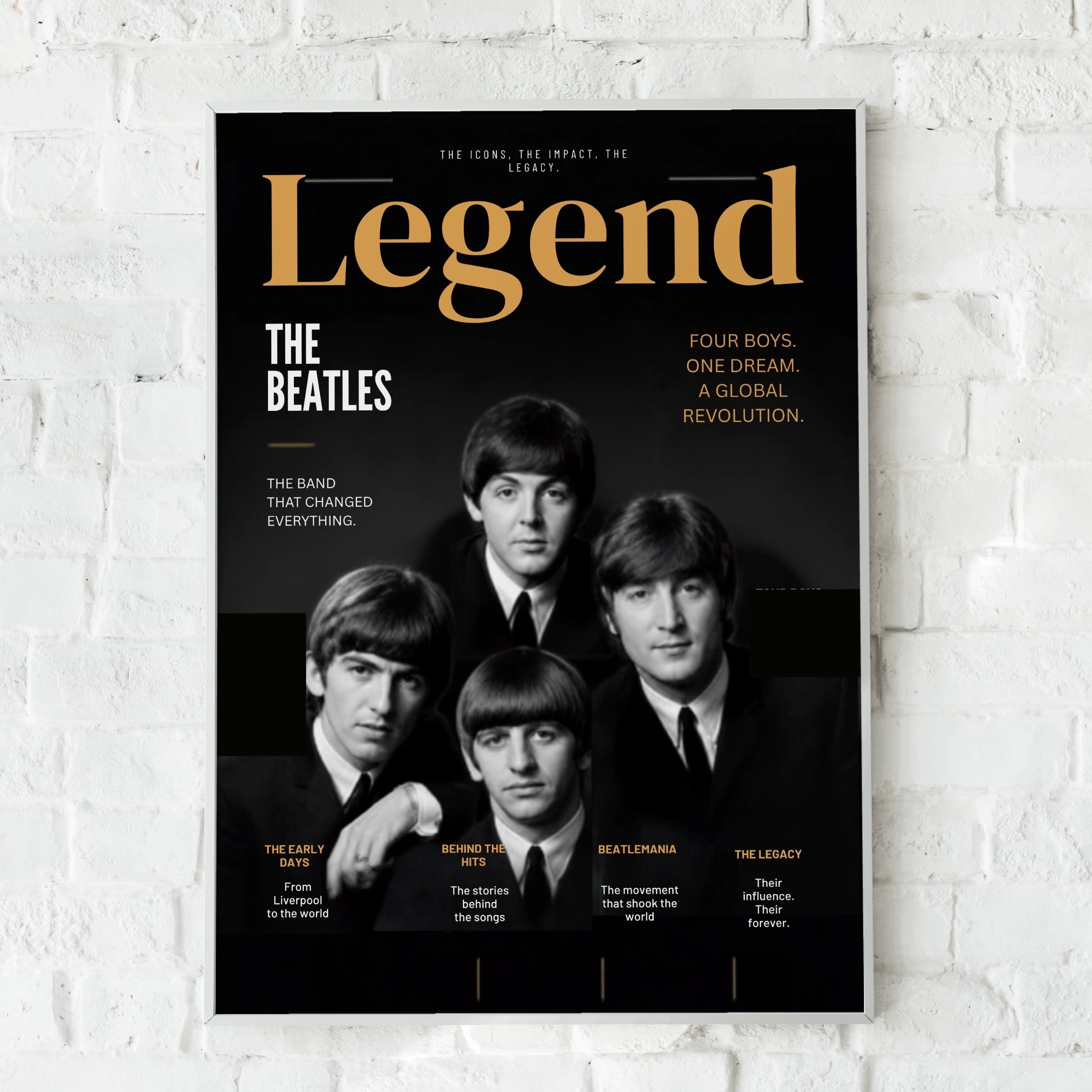 Beatles Legend Poster, Rock Music Wall Art, Black Gold Print, Music Icon Decor