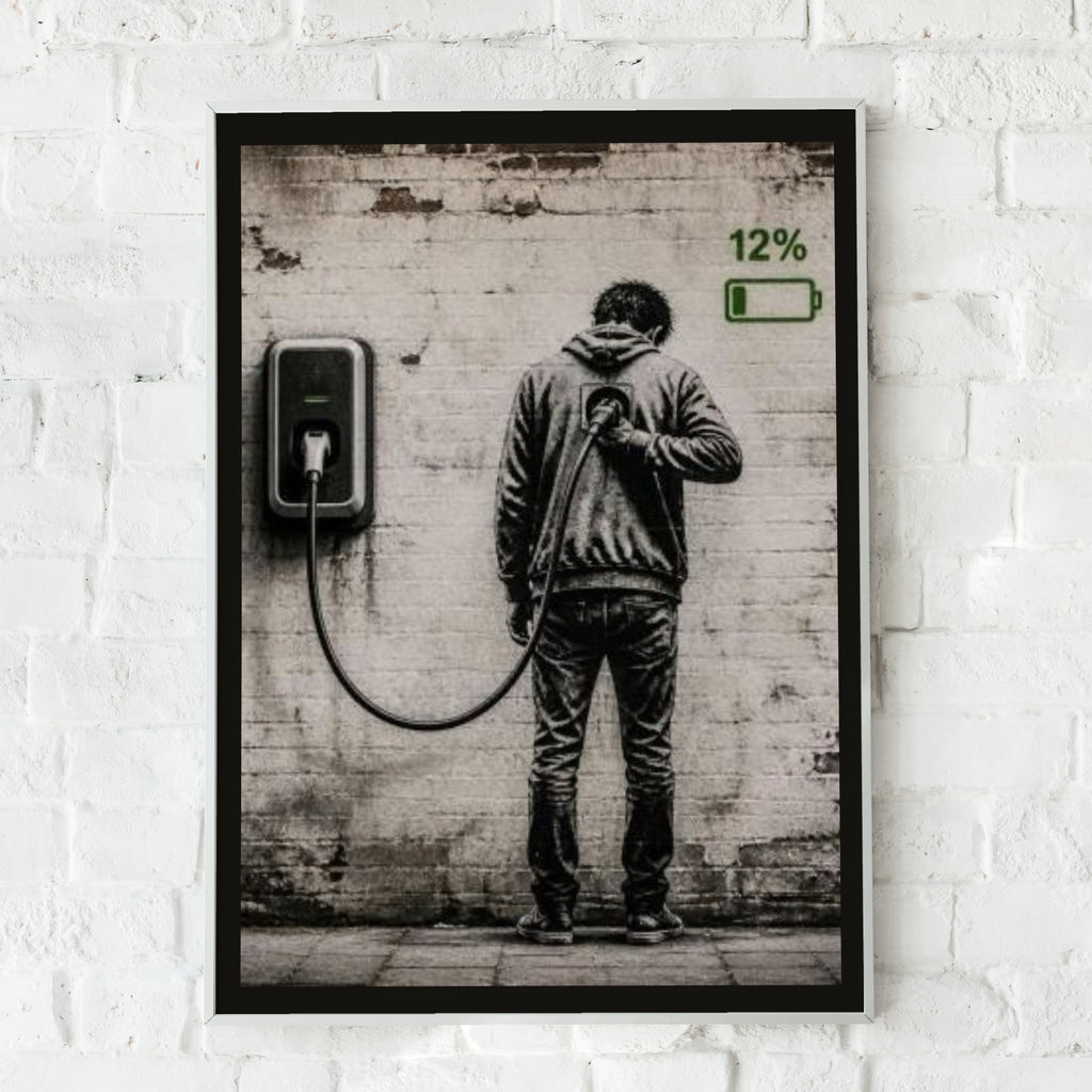 Banksy Style Recharge Graffiti Poster, Street Art Print, Battery Low Human Wall Art