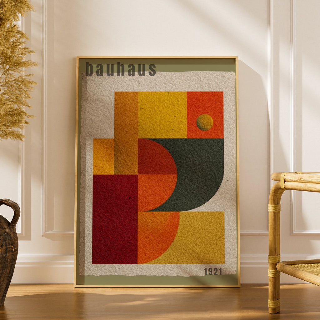 Bauhaus 1921 Geometric Poster, Olive Mid Century Wall Art, Orange Red Abstract Print