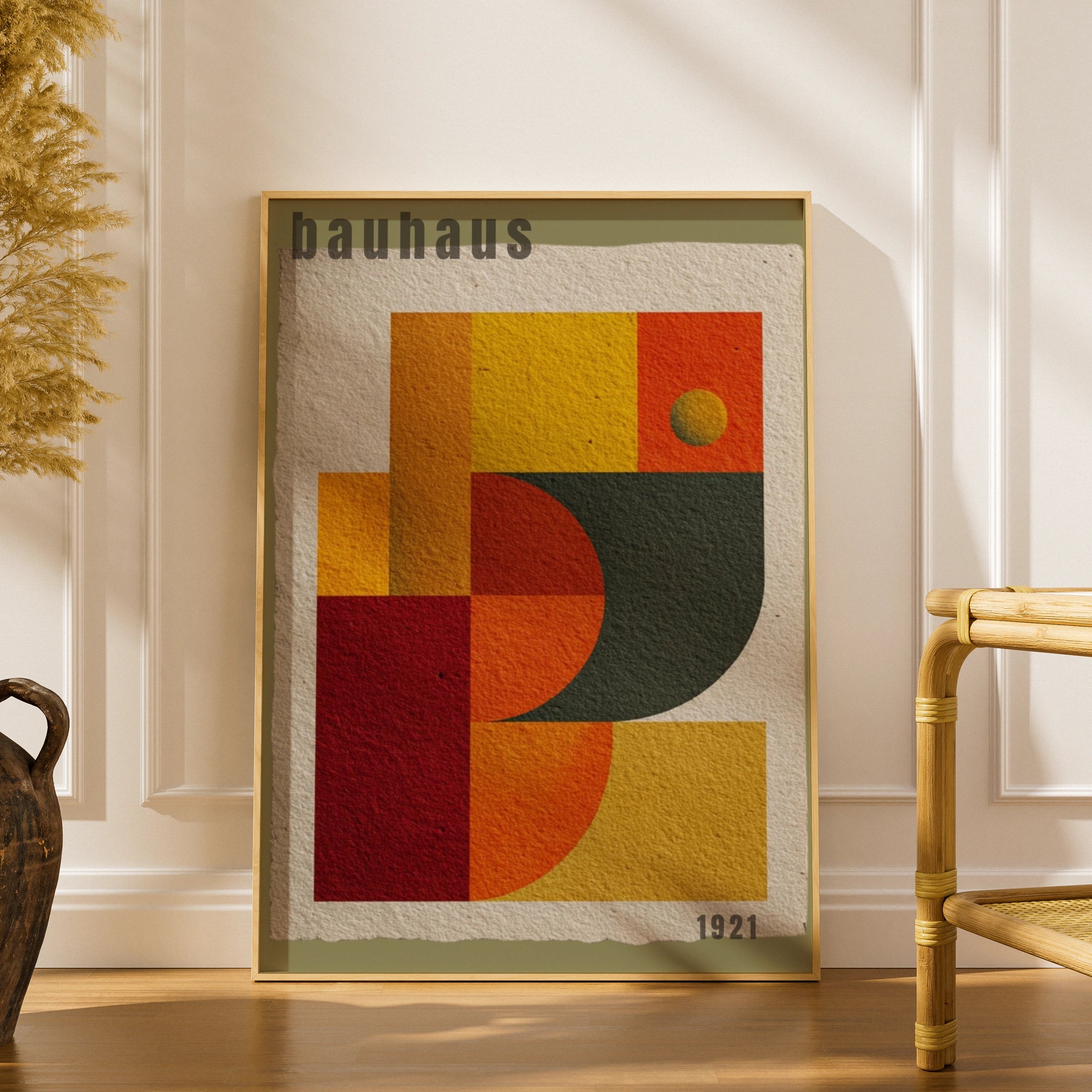 Bauhaus 1921 Geometric Poster, Olive Mid Century Wall Art, Orange Red Abstract Print