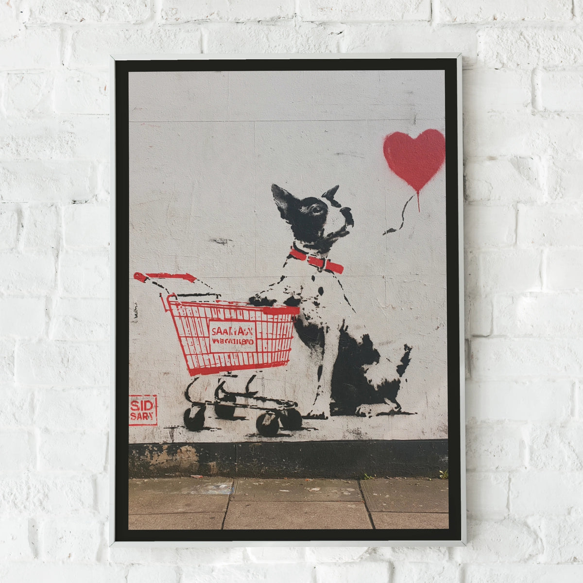 Dog Heart Balloon Street Art Poster, Graffiti Wall Art, Urban Stencil Print, Black Red