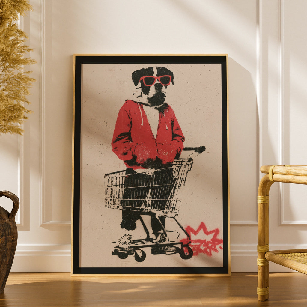 Cool Dog Shopping Trolley Street Art Poster, Graffiti Stencil Wall Art Print