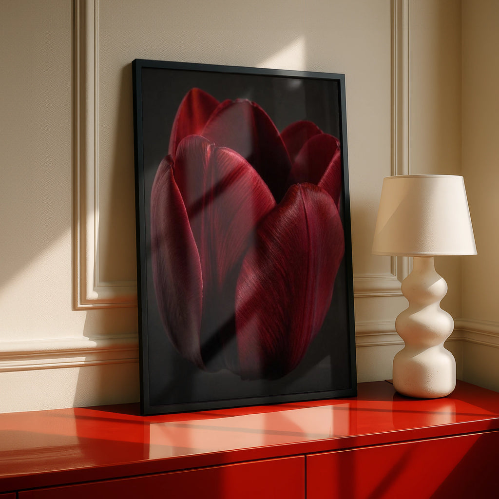 Red Tulip Flower Poster, Dark Moody Botanical Wall Art, Crimson Floral Print for Living Room