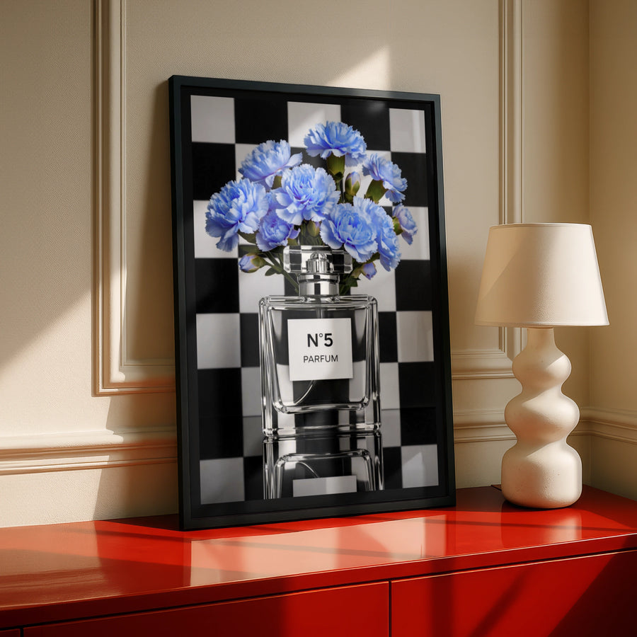 Blue Floral Perfume Bottle Poster, Chequered Fashion Wall Art Print, Glam Decor