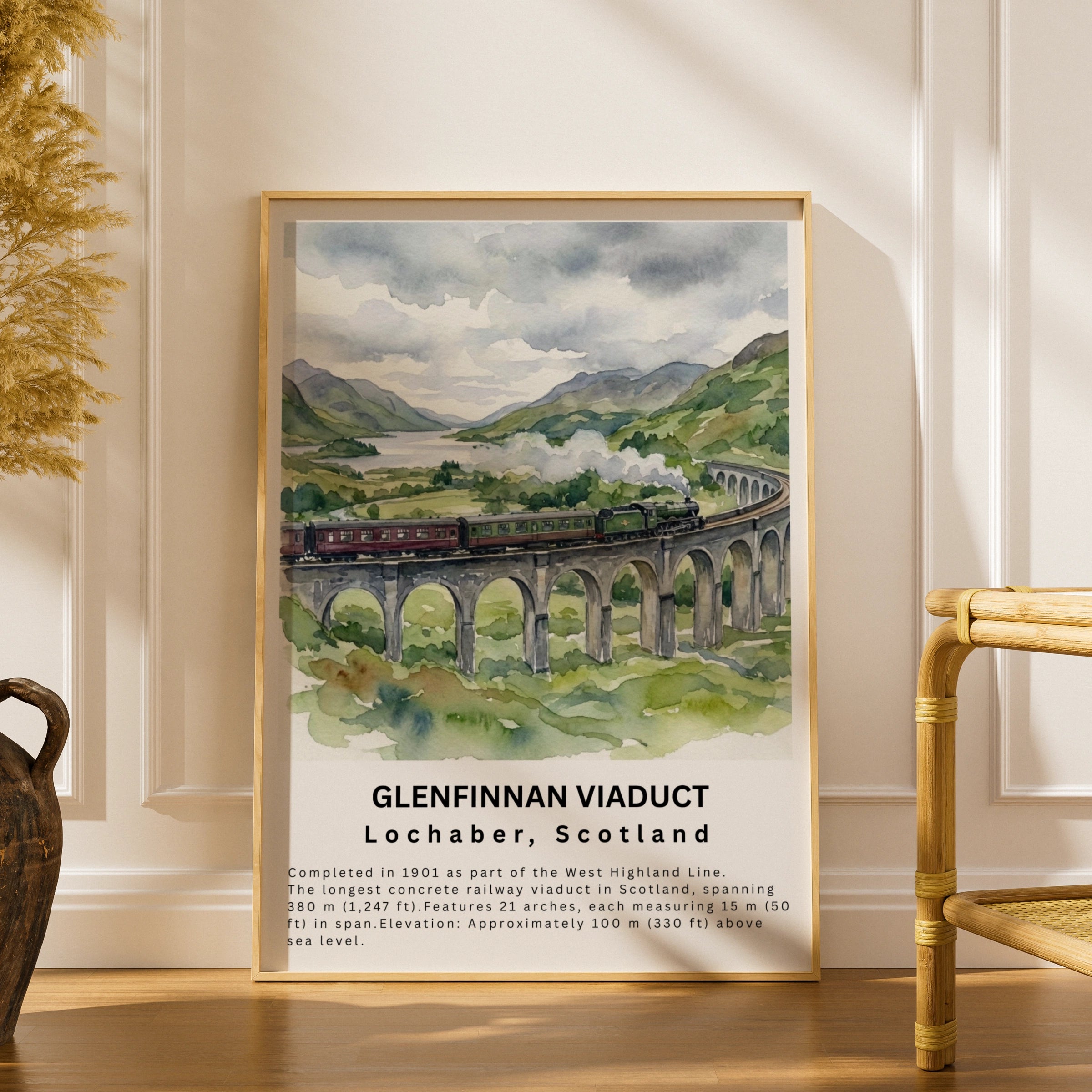 Glenfinnan Viaduct Poster, Scotland Steam Train Wall Art, NC500 Watercolour Print