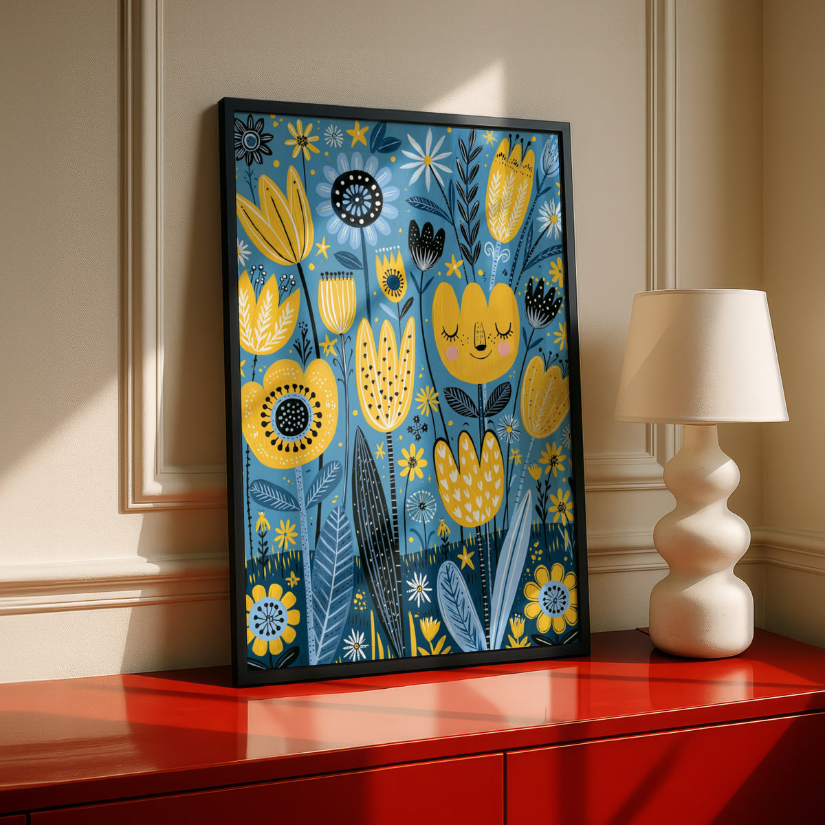Kids Tulip Garden Poster, Cute Floral Wall Art, Yellow Blue Nursery Print, Flower