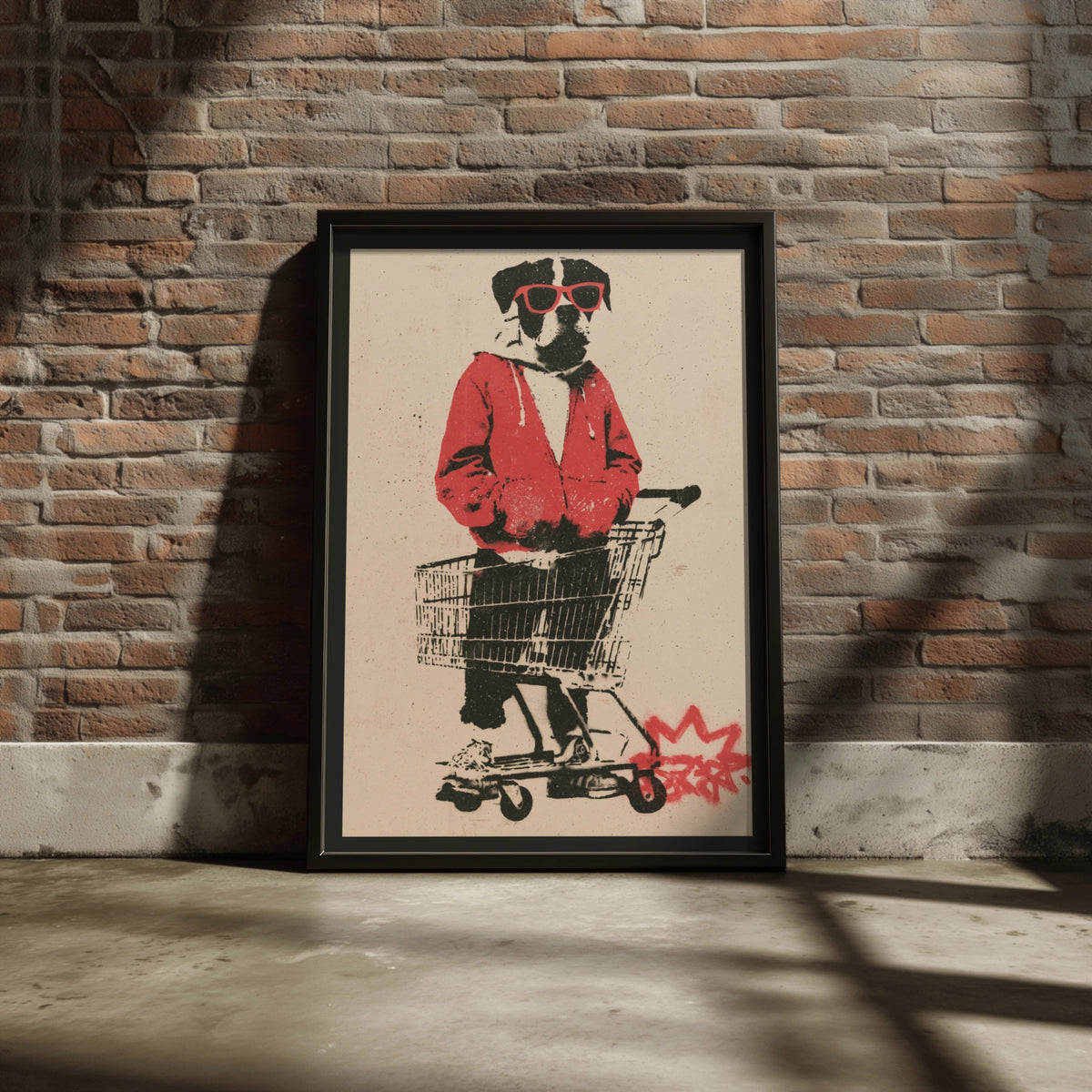 Cool Dog Shopping Trolley Street Art Poster, Graffiti Stencil Wall Art Print