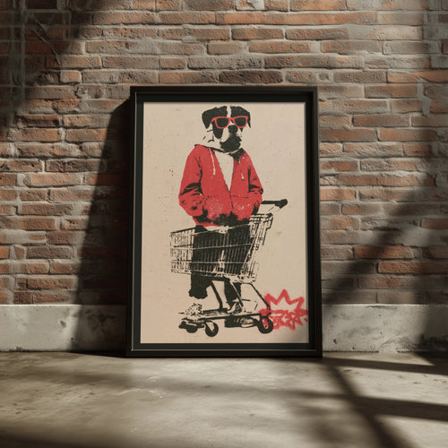 Cool Dog Shopping Trolley Street Art Poster, Graffiti Stencil Wall Art Print