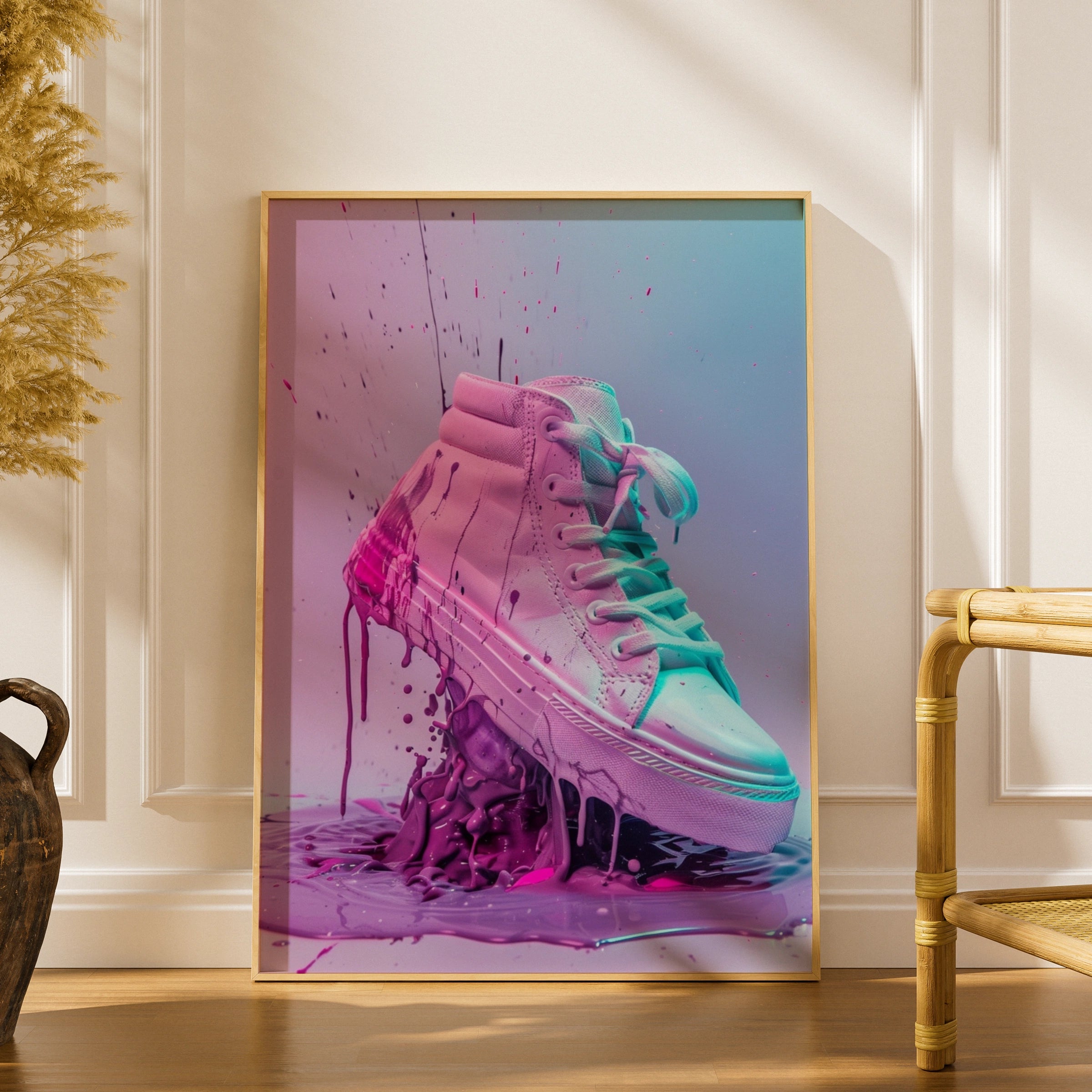Pastel Sneaker Art Print, Pink Trainers Paint Splash Poster, Streetwear Wall Decor