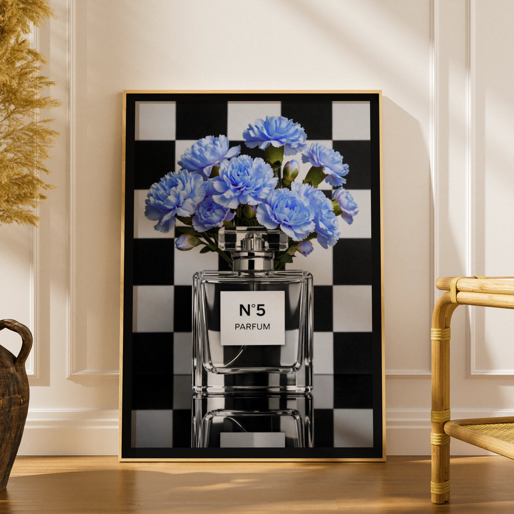 Blue Floral Perfume Bottle Poster, Chequered Fashion Wall Art Print, Glam Decor
