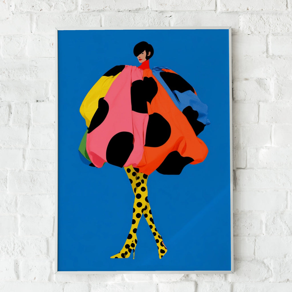 Polka Dot Fashion Illustration Poster, Bold Blue Wall Art, Colourful Figure Print