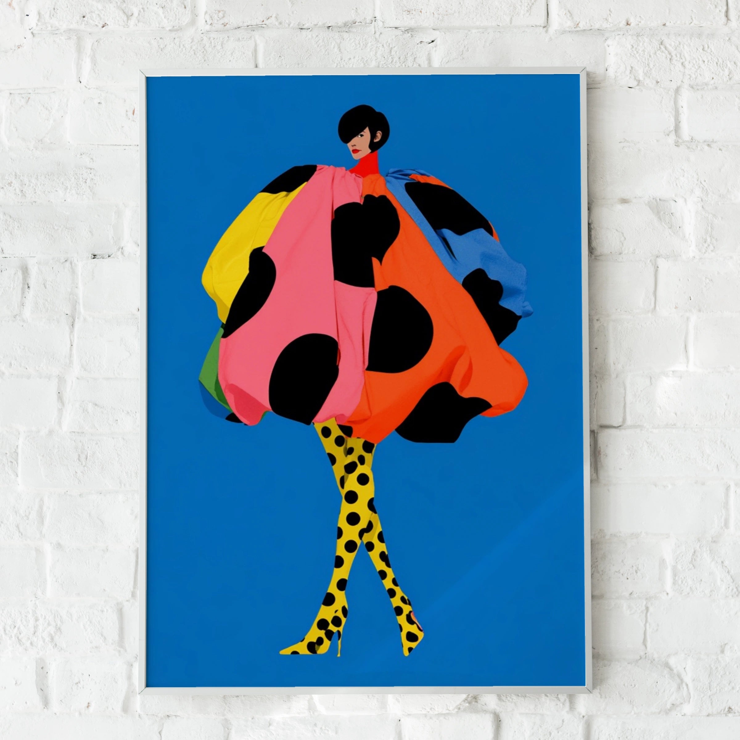 Polka Dot Fashion Illustration Poster, Bold Blue Wall Art, Colourful Figure Print