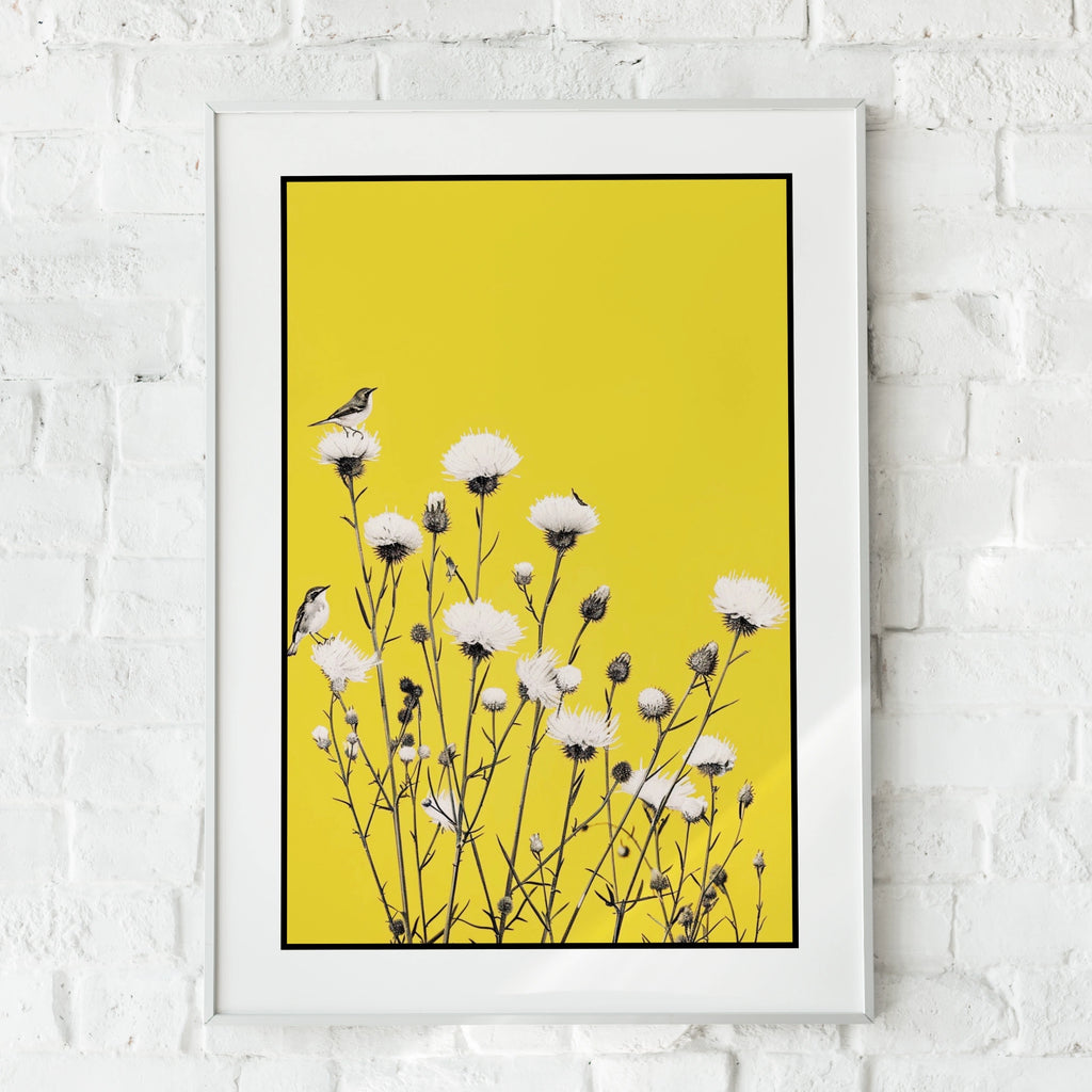Botanical Wall Art | Yellow Bird Wildflower Poster,  Thistle Print, Nature Decor