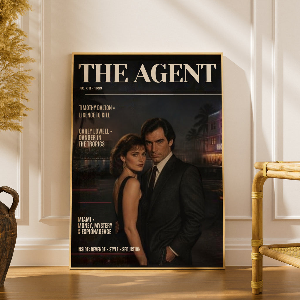 Spy Agent Magazine Cover (011)  Poster, Retro 1980s Espionage Wall Art, Dark Noir Couple Print