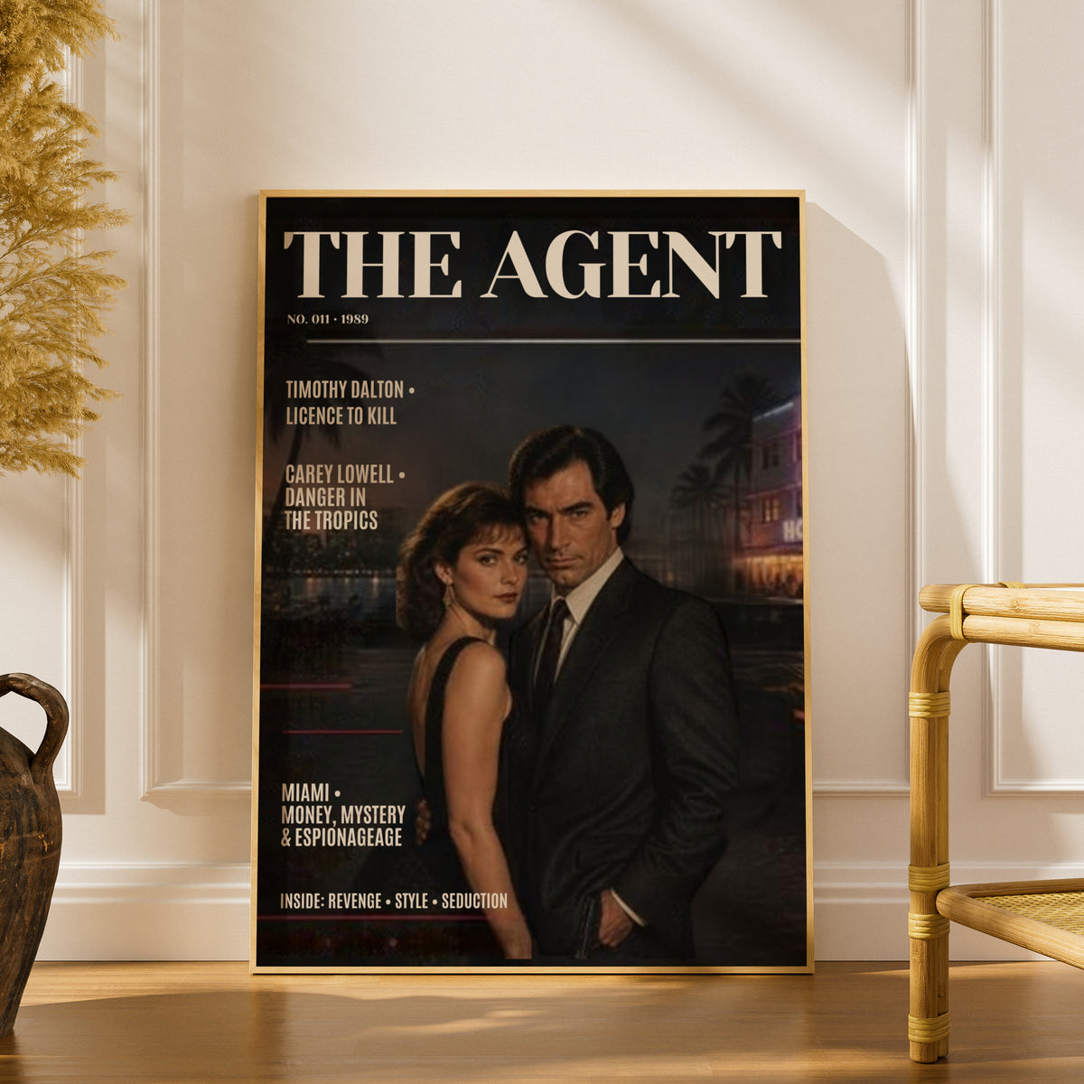 Spy Agent Magazine Cover (011)  Poster, Retro 1980s Espionage Wall Art, Dark Noir Couple Print