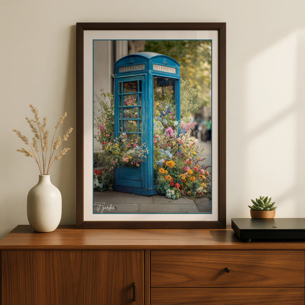 Blue London Phone Box Floral Poster, British Telephone Box Wall Art Print