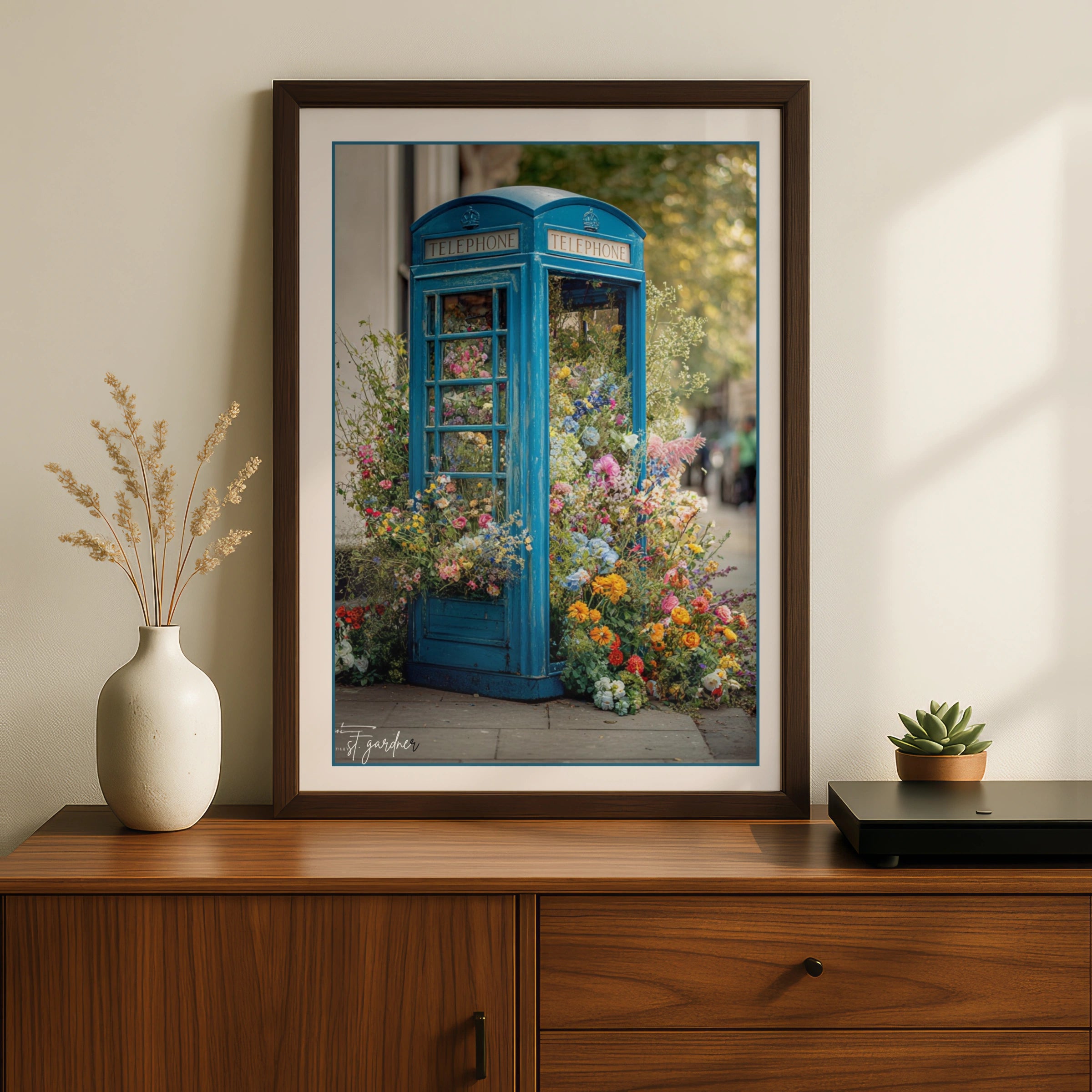Blue London Phone Box Floral Poster, British Telephone Box Wall Art Print