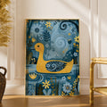 Yellow Duck Kids Wall Art, Folk Art Duck Poster, Blue Floral Nursery Print, Cute Duck