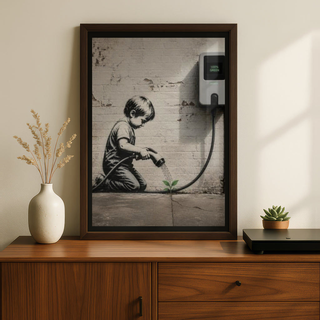 Banksy Style Street Art Poster, EV Charger Child Watering Plant, Urban Wall Art Print