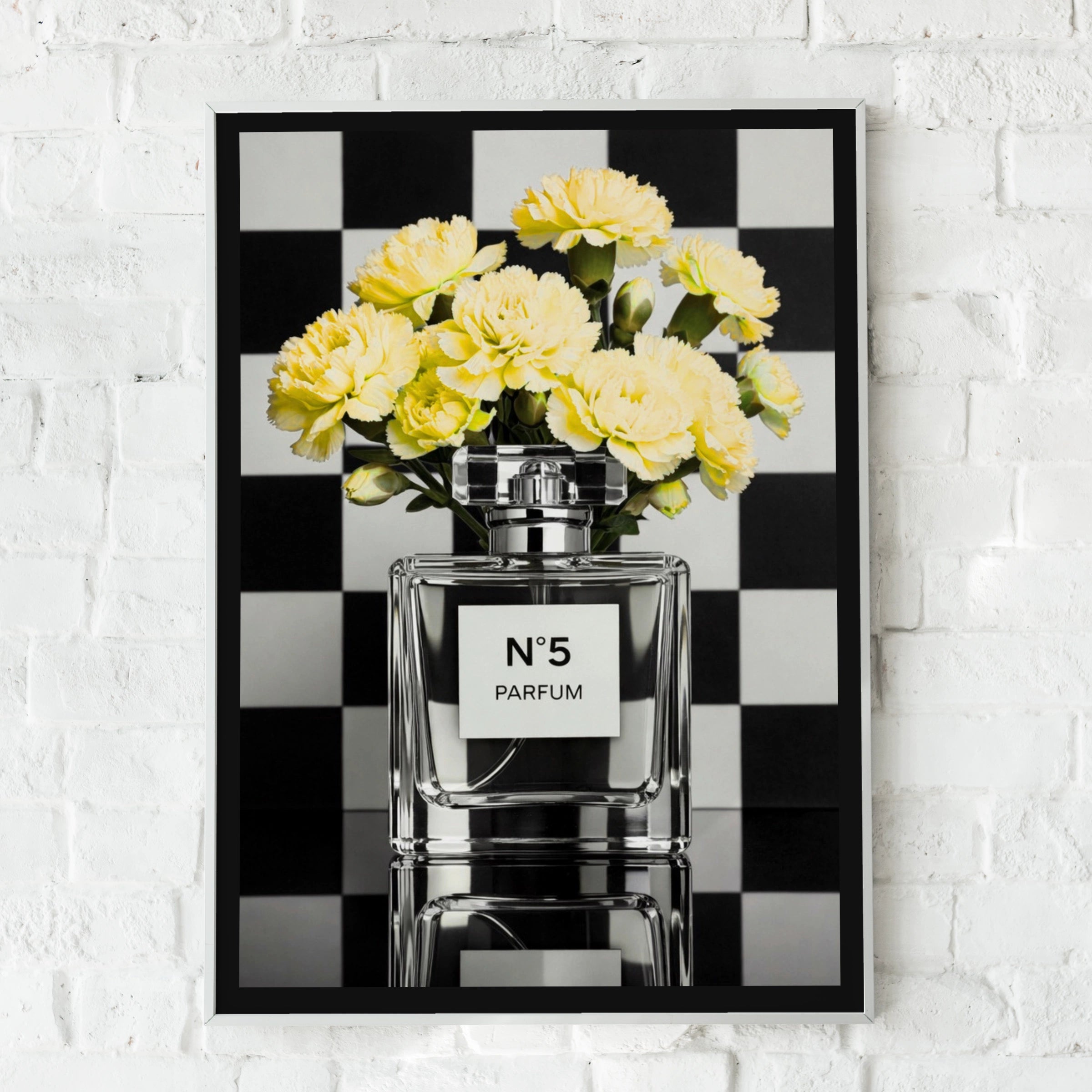 Perfume Bottle Poster, Yellow Floral Fashion Wall Art, Black White Checkerboard Print