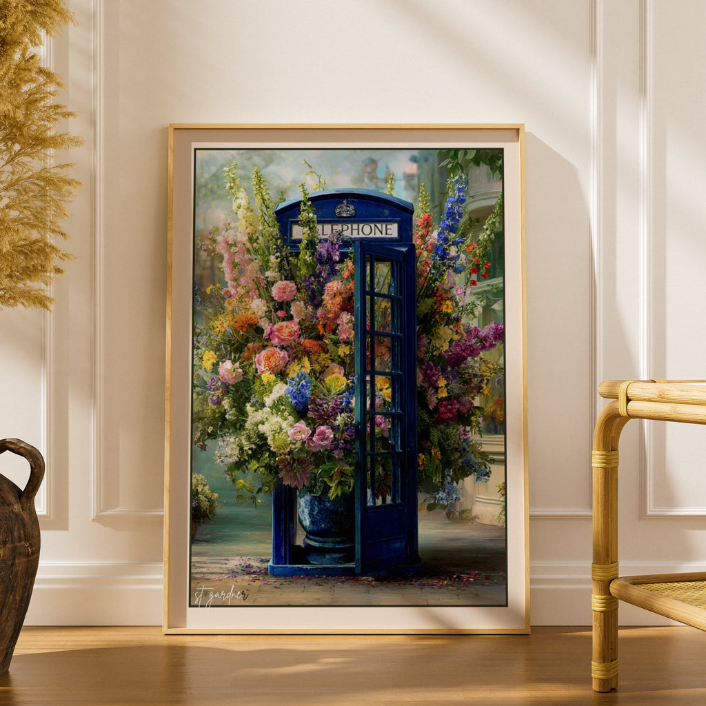 Blue British Phone Box Floral Poster, London Telephone Box Wall Art Print