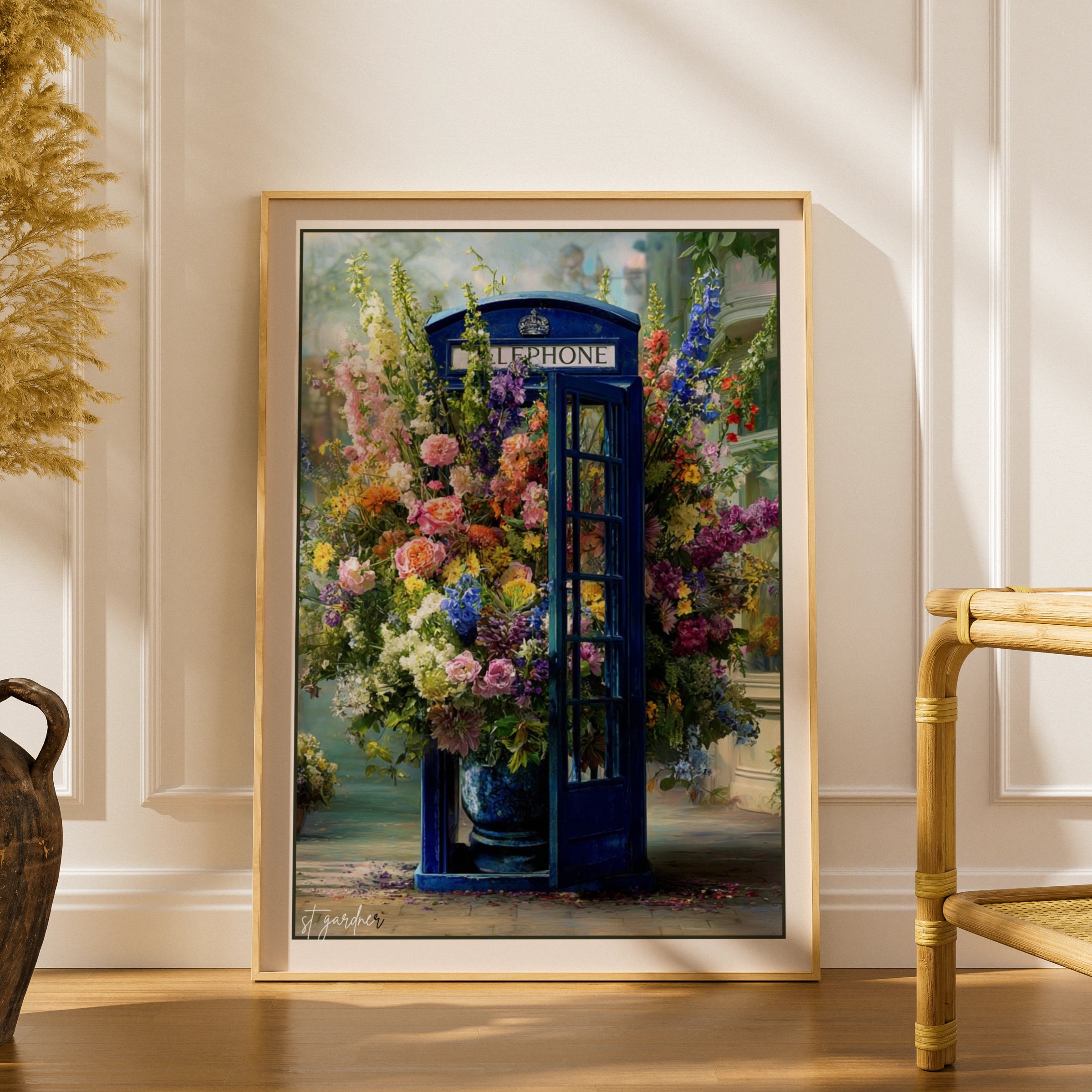 Blue British Phone Box Floral Poster, London Telephone Box Wall Art Print