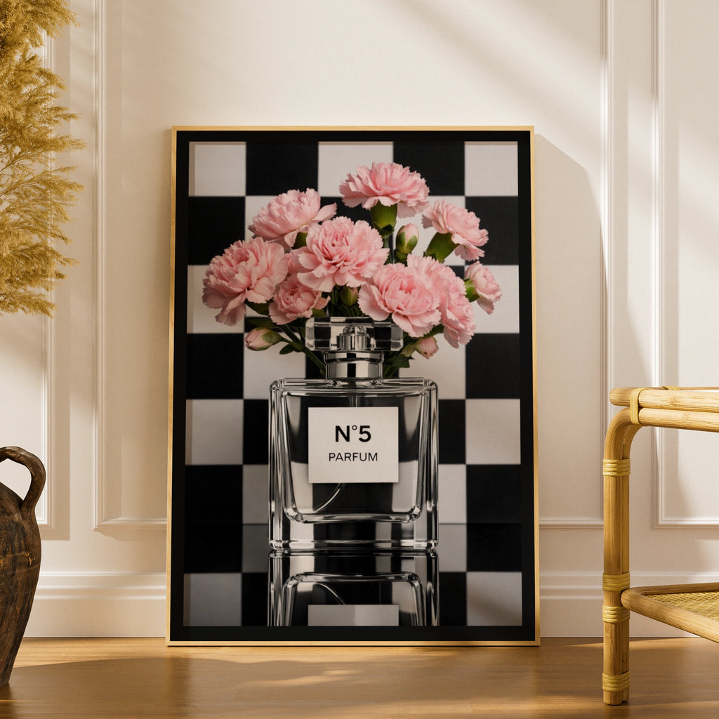 No5 Perfume Bottle Pink Carnation Poster, Chic Fashion Wall Art, Checkerboard Print